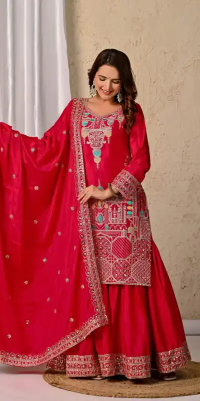 ND 5047 Red Chinon Silk Salwar Suit with Embroidery Work & Sequins Work. Get it for ₹2399. Delivery 4-6 Working Days. Shop now. | Jump Suits, Salwar suit, Casual Suits, Creative suits, Designer Suits, Palazzo Suits, Party Wear Suits, Patiala Suits, Straight Suits