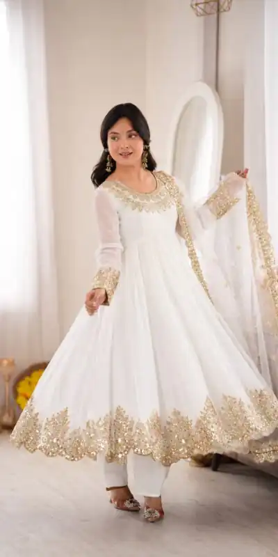 SR 1723 White Doremon Crush Gown with Lace Work & Mirror Work. Exclusive Offer ₹2449. Delivery 4-6 Working Days. Shop now. | Gowns, Bollywood Gowns, Creative Gowns, Designer Gowns, Embroidered Gowns, Party Wear Gowns