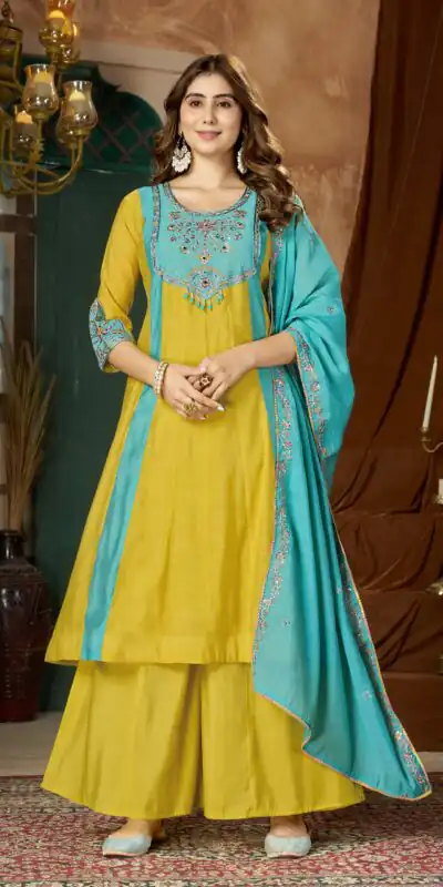 DIVA 183 Yellow Brown Mal Chanderi Salwar Suit Perfect for Wedding, Party, Baisakhi, Housewarming, Sangeet – Introductory Price ₹2799. Delivery 4-6 Working | Jump Suits, Salwar suit, Casual Suits, Creative suits, Designer Suits, Palazzo Suits, Party Wear Suits, Patiala Suits, Straight Suits