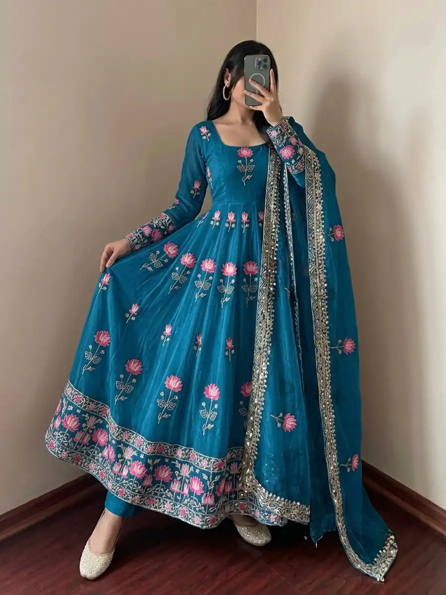SR 1724 Blue Faux Georgette Gown with Mirror Work & Embroidery Work. Get it for ₹2799. Delivery 4-6 Working Days. Online Shop now. | Gowns, Bollywood Gowns, Creative Gowns, Designer Gowns, Embroidered Gowns, Party Wear Gowns