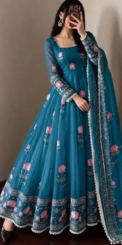 SR 1724 Blue Faux Georgette Gown with Mirror Work & Embroidery Work. Get it for ₹2799. Delivery 4-6 Working Days. Online Shop now. | Gowns, Bollywood Gowns, Creative Gowns, Designer Gowns, Embroidered Gowns, Party Wear Gowns