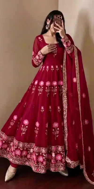 SR 1724 Maroon Faux Georgette Gown with Mirror Work & Embroidery Work. Get it for ₹2799. Delivery 4-6 Working Days. Online Shop now. | Gowns, Bollywood Gowns, Creative Gowns, Designer Gowns, Embroidered Gowns, Party Wear Gowns