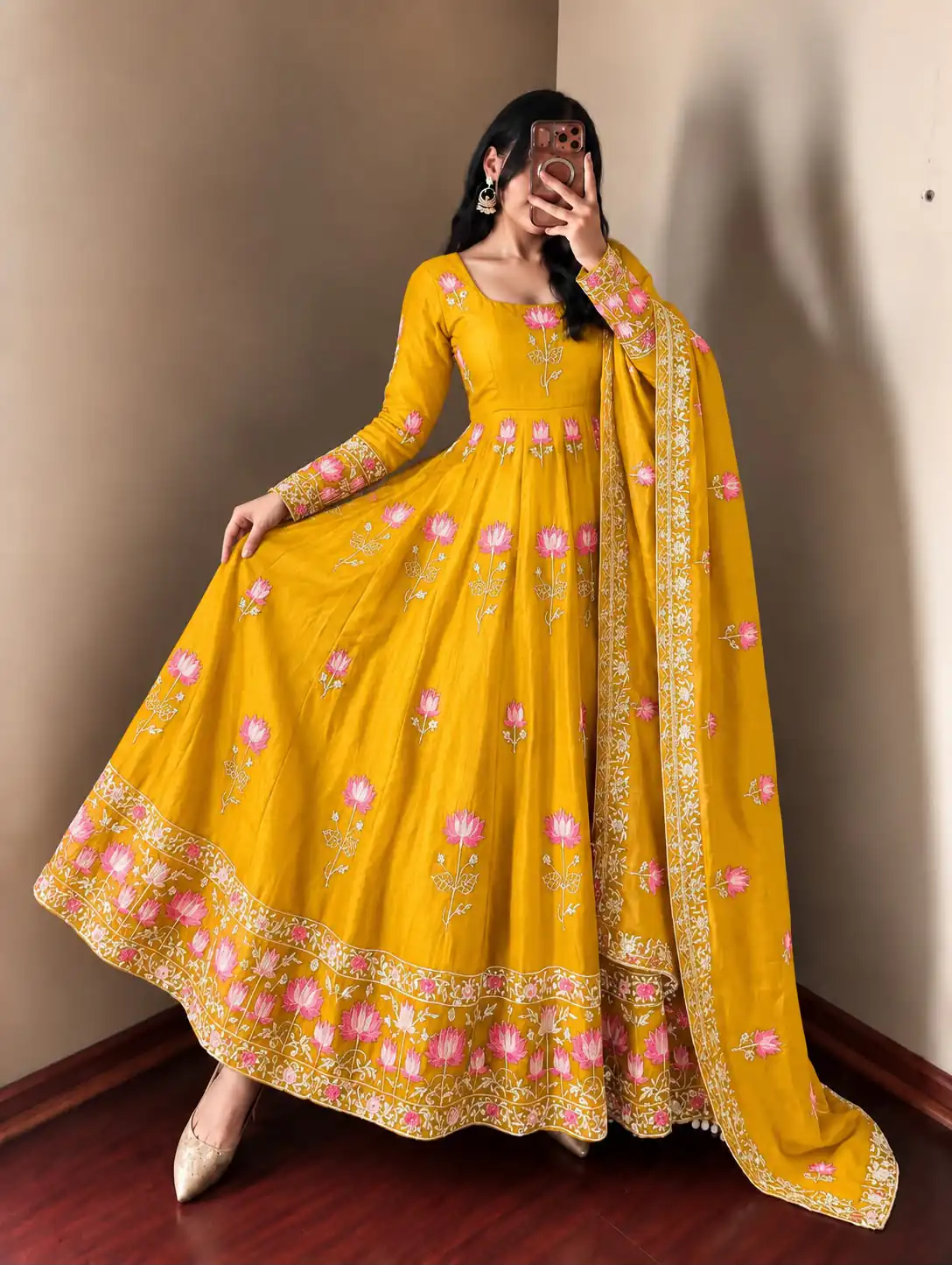 SR 1724 Yellow Faux Georgette Gown with Mirror Work & Embroidery Work. Get it for ₹2799. Delivery 4-6 Working Days. Online Shop now. | Gowns, Bollywood Gowns, Creative Gowns, Designer Gowns, Embroidered Gowns, Party Wear Gowns