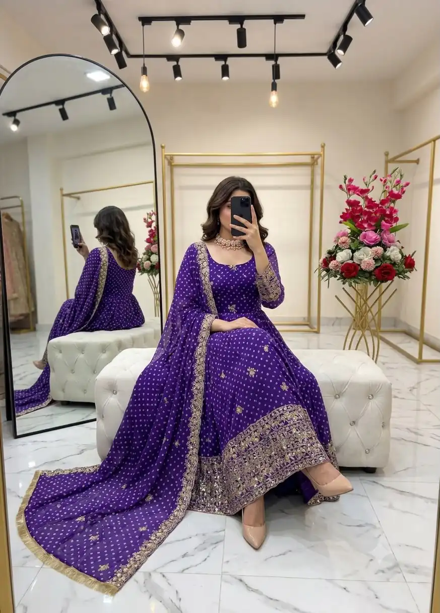 WW 1283 Purple in Colour Faux Georgette Bandhani Print Work Gown. Available at ₹2399 only. Delivery 4-6 Working Days. Shop now. | Gowns, Bollywood Gowns, Creative Gowns, Designer Gowns, Embroidered Gowns, Party Wear Gowns