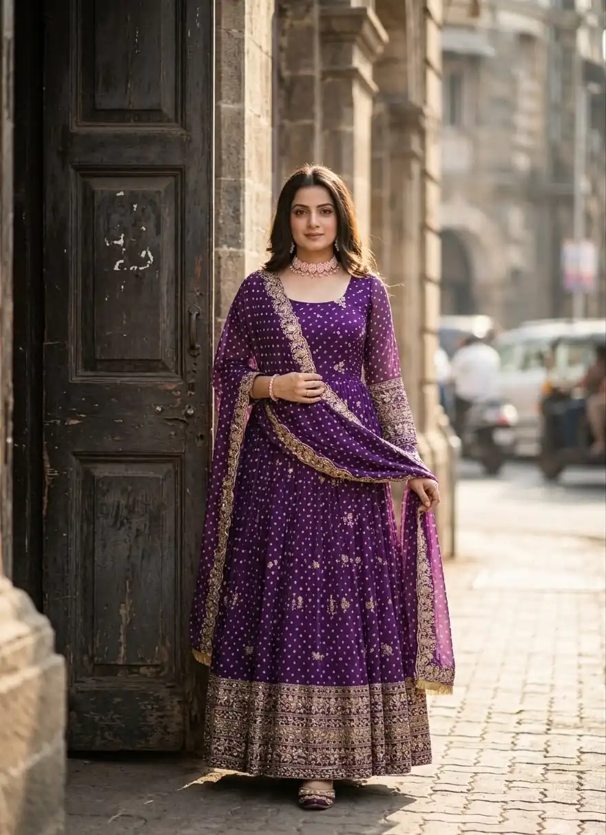 WW 1283 Wine in Colour Faux Georgette Bandhani Print Work Gown. Available at ₹2399 only. Delivery 4-6 Working Days. Shop now. | Gowns, Bollywood Gowns, Creative Gowns, Designer Gowns, Embroidered Gowns, Party Wear Gowns