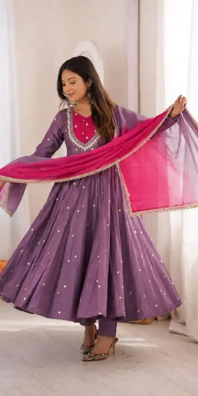 ZF 5023 Lavender Roman Silk Gown with Mirror Work & Embroidery Work. Special Price ₹2099. Delivery 4-6 Working Days. Shop now. | Gowns, Bollywood Gowns, Creative Gowns, Designer Gowns, Embroidered Gowns, Party Wear Gowns