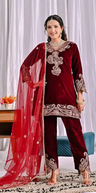 NF 1261 Maroon Viscose Velvet Salwar Suit with Embroidery Work & Lace Work. Grab it for ₹2249. Delivery 4-6 Working Days. Shop now. | Jump Suits, Salwar suit, Casual Suits, Creative suits, Designer Suits, Palazzo Suits, Party Wear Suits, Patiala Suits, Straight Suits
