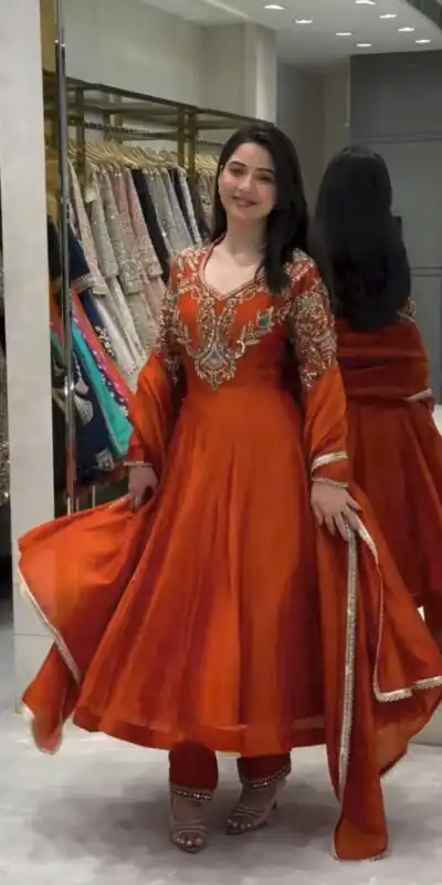 AD 252 Rust Roman Silk Gown with Mirror Work & Embroidery Work. Special Price ₹2999. Delivery 4-6 Working Days. Shop now. | Gowns, Bollywood Gowns, Creative Gowns, Designer Gowns, Embroidered Gowns, Party Wear Gowns