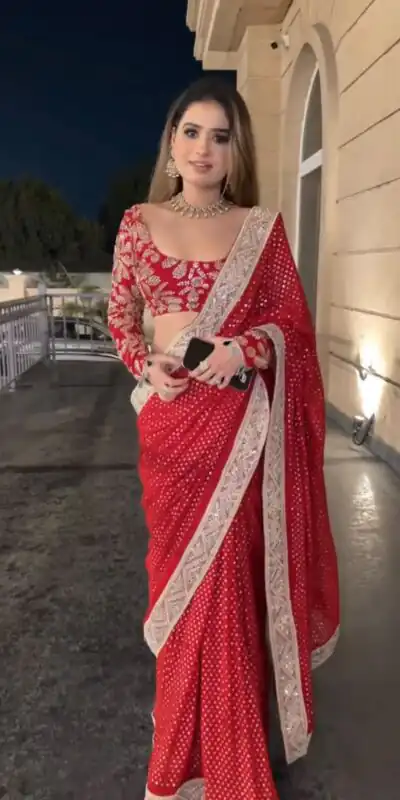 KD 626 Red in Faux Georgette Zari Work & Embroidery Work Saree. Special Price ₹2349. Delivery 4-6 Working Days. Shop now. | Sarees, Bollywood Sarees, Creative Sarees, Designer Sarees, Embroidered Sarees, Ethnic Saree, Modern Digital sarees, Party Wear Sarees
