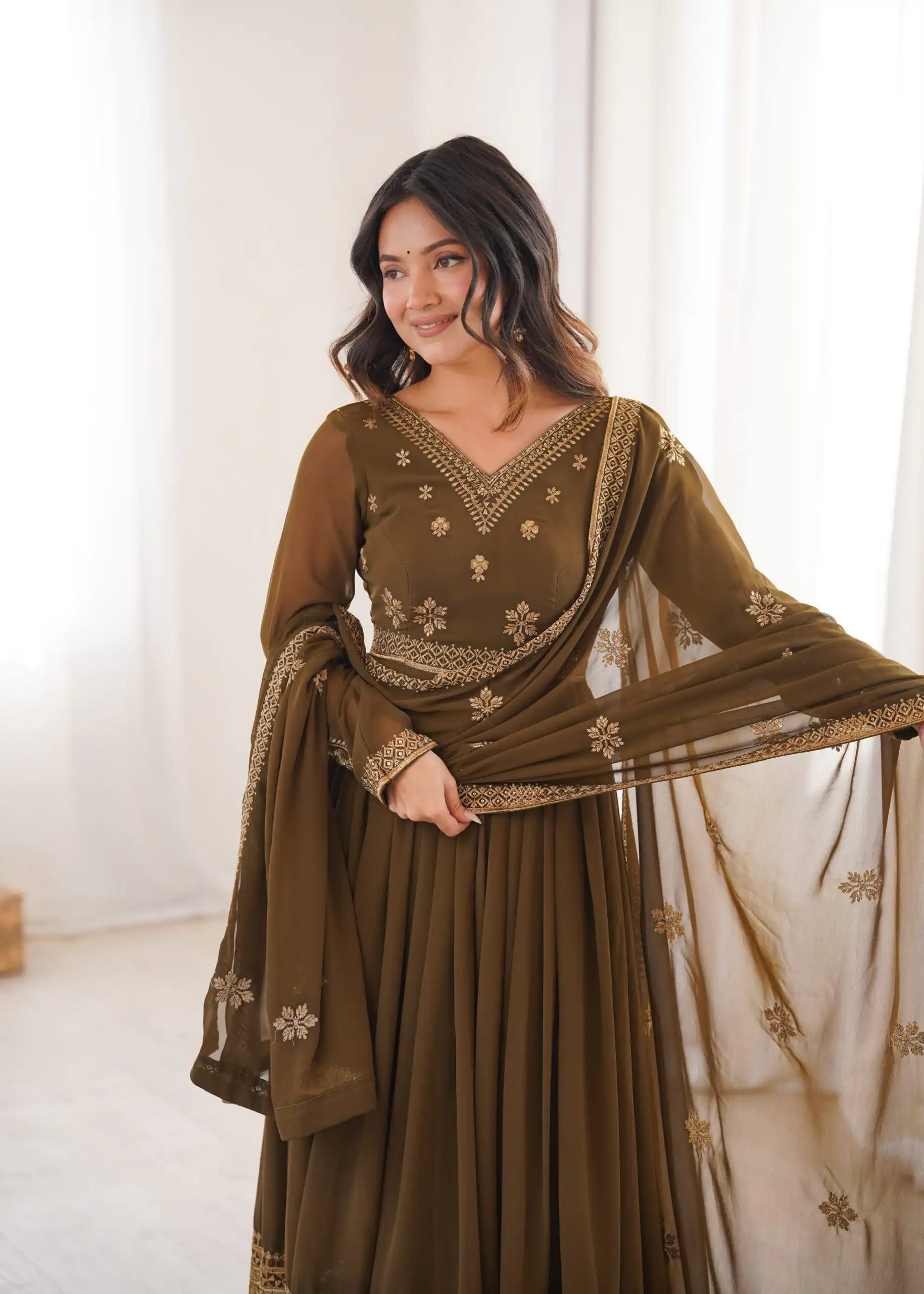 SP 104 Brown| Faux Georgette Salwar Suit with Lace Work & Digital Print. Introductory Price ₹2799. Delivery 4-6 Working Days. Shop now. | Anarkali Suits, Bollywood Anarkali, Creative-Anarkali, Designer Anarkali, Embroidered Anarkali, Party Wear Anarkali