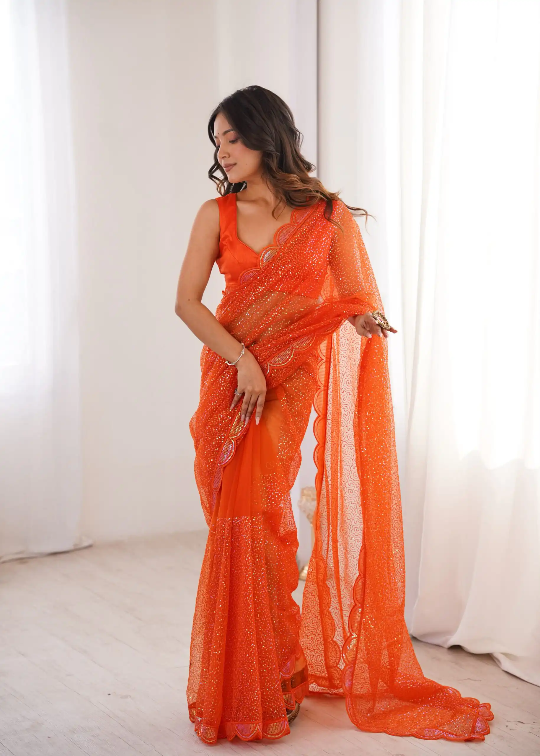 SP 90 Orange Soft Net Saree with Sequins Work & Embroidery Work. Available at ₹2299 only. Delivery 4-6 Working Days. Shop now. | Sarees, Bollywood Sarees, Creative Sarees, Designer Sarees, Embroidered Sarees, Ethnic Saree, Modern Digital sarees, Party Wear Sarees
