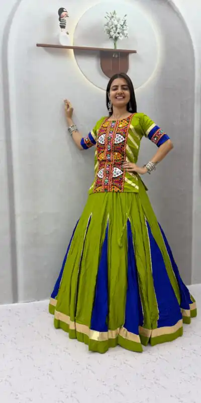 PC 584 Parrot Green in Pure Cotton Mirror Work & Gamthi Work Lehenga Choli . Exclusive Offer ₹2249. Delivery 4-6 Working Days. Shop now. | Lehenga, Bollywood Lehenga, Creative Lehenga, Designer Lehenga, Embroidered Lehenga, Party Wear Lehenga