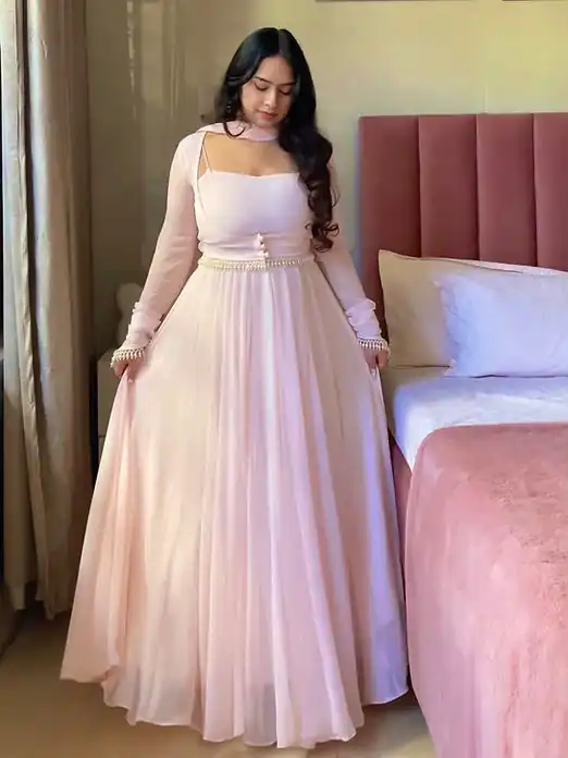 NF 1281 Pink Faux Georgette Salwar Suit with Lace Work & Digital Print. Introductory Price ₹2249. Delivery 4-6 Working Days. Shop now. | Anarkali Suits, Bollywood Anarkali, Creative-Anarkali, Designer Anarkali, Embroidered Anarkali, Party Wear Anarkali