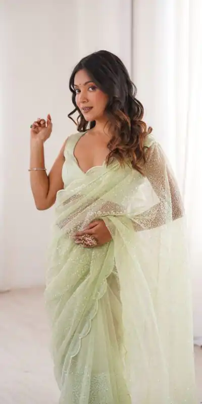 SP 90 Pista Soft Net Saree with Sequins Work & Embroidery Work. Available at ₹2299 only. Delivery 4-6 Working Days. Shop now. | Sarees, Bollywood Sarees, Creative Sarees, Designer Sarees, Embroidered Sarees, Ethnic Saree, Modern Digital sarees, Party Wear Sarees