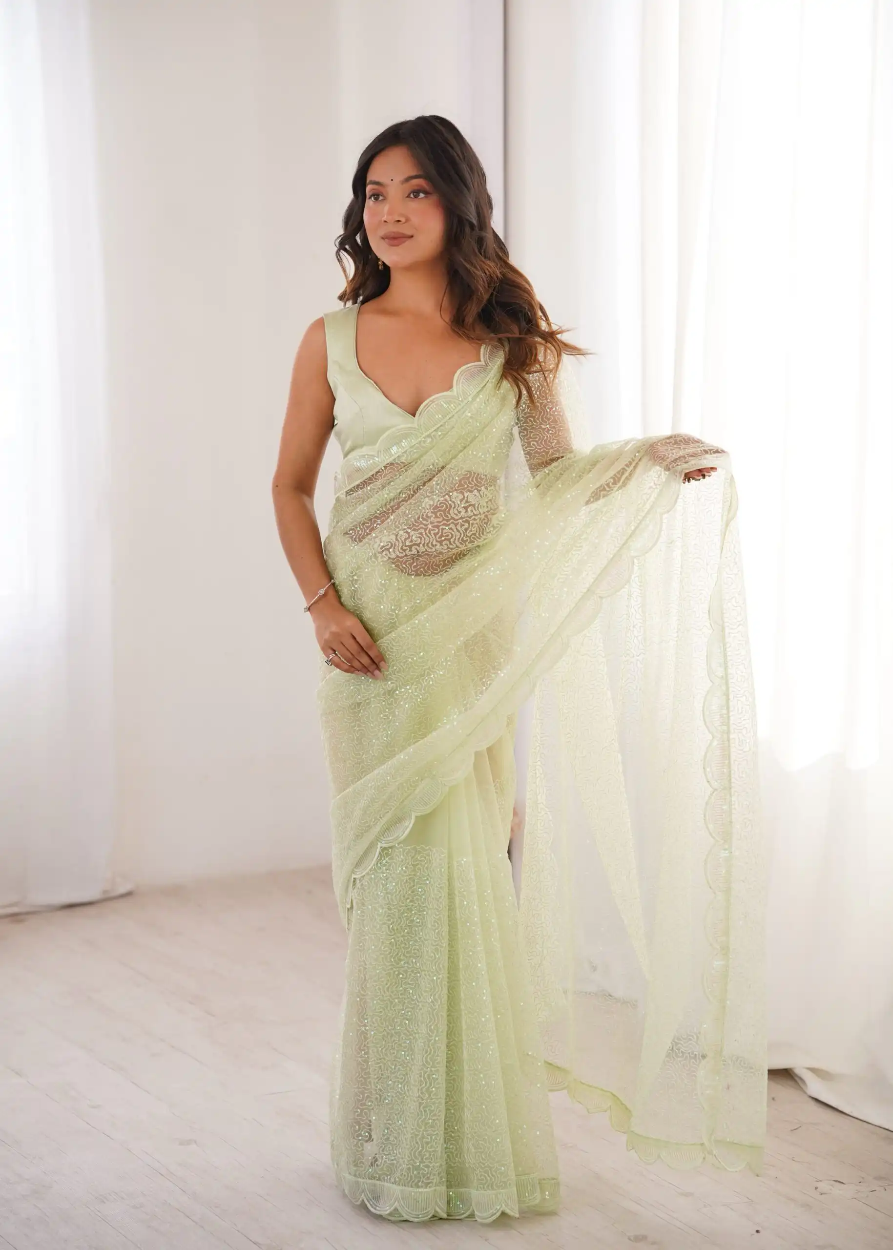 SP 90 Pista Soft Net Saree with Sequins Work & Embroidery Work. Available at ₹2299 only. Delivery 4-6 Working Days. Shop now. | Sarees, Bollywood Sarees, Creative Sarees, Designer Sarees, Embroidered Sarees, Ethnic Saree, Modern Digital sarees, Party Wear Sarees
