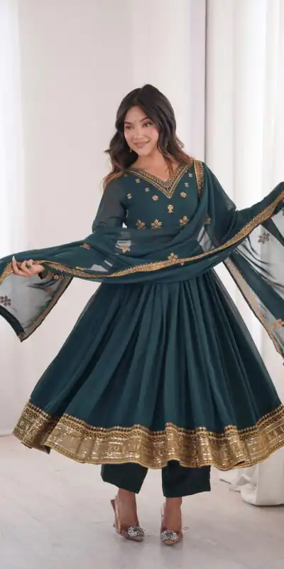SP 104 Teal| Faux Georgette Salwar Suit with Lace Work & Digital Print. Introductory Price ₹2799. Delivery 4-6 Working Days. Shop now. | Anarkali Suits, Bollywood Anarkali, Creative-Anarkali, Designer Anarkali, Embroidered Anarkali, Party Wear Anarkali
