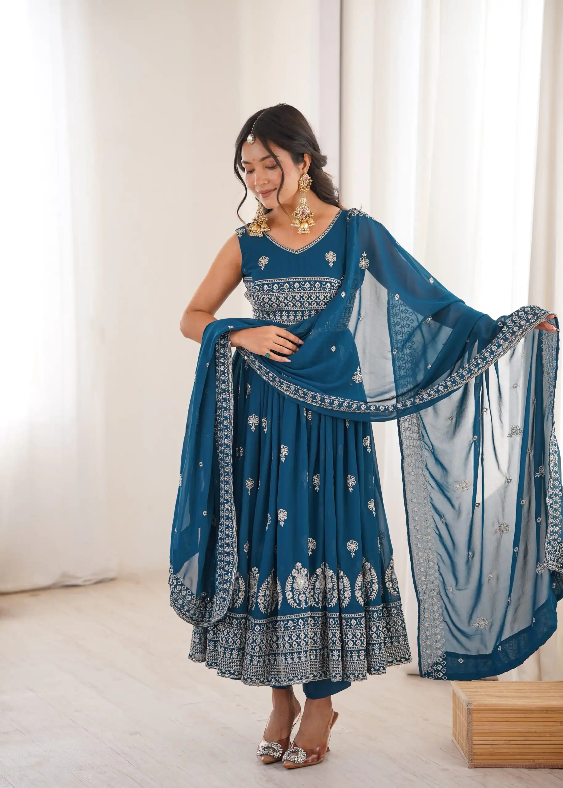 SP 91 Teal| Faux Georgette Salwar Suit with Lace Work & Digital Print. Introductory Price ₹2799. Delivery 4-6 Working Days. Shop now. | Anarkali Suits, Bollywood Anarkali, Creative-Anarkali, Designer Anarkali, Embroidered Anarkali, Party Wear Anarkali