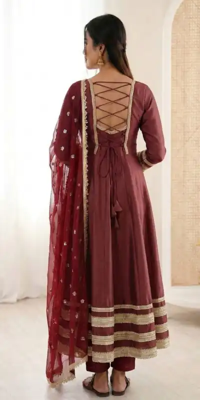 ZF 5017 Maroon Color Cosmos Gold Gown with Embroidery Work & Lace Work. Get it for ₹2099. Delivery 4-6 Working Days. Shop now. | Gowns, Bollywood Gowns, Creative Gowns, Designer Gowns, Embroidered Gowns, Party Wear Gowns