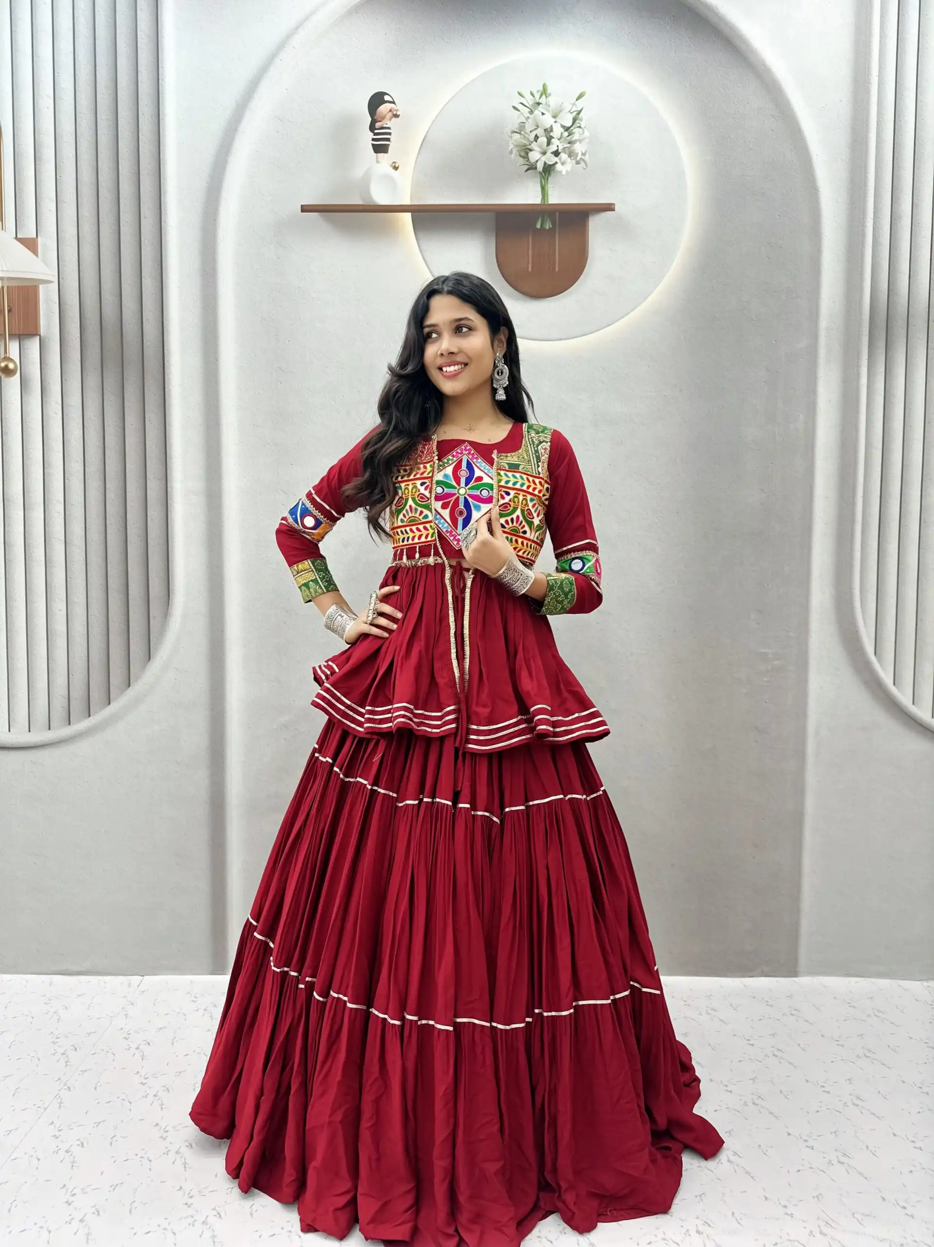 Ram 120 Maroon in Pure Cotton Mirror Work & Gamthi Work Lehenga Choli . Exclusive Offer ₹3049. Delivery 4-6 Working Days. Shop now. | Lehenga, Bollywood Lehenga, Creative Lehenga, Designer Lehenga, Embroidered Lehenga, Party Wear Lehenga