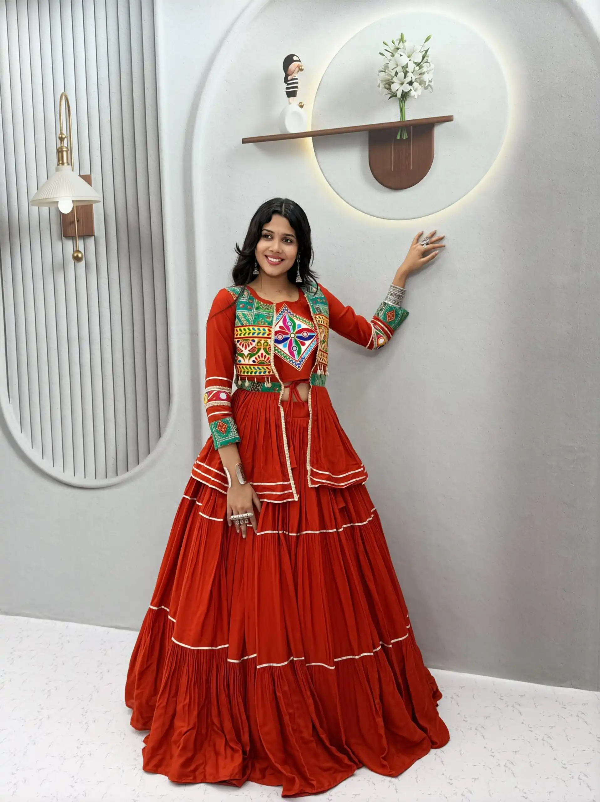 Ram 120 Orange in Pure Cotton Mirror Work & Gamthi Work Lehenga Choli . Exclusive Offer ₹3049. Delivery 4-6 Working Days. Shop now. | Lehenga, Bollywood Lehenga, Creative Lehenga, Designer Lehenga, Embroidered Lehenga, Party Wear Lehenga