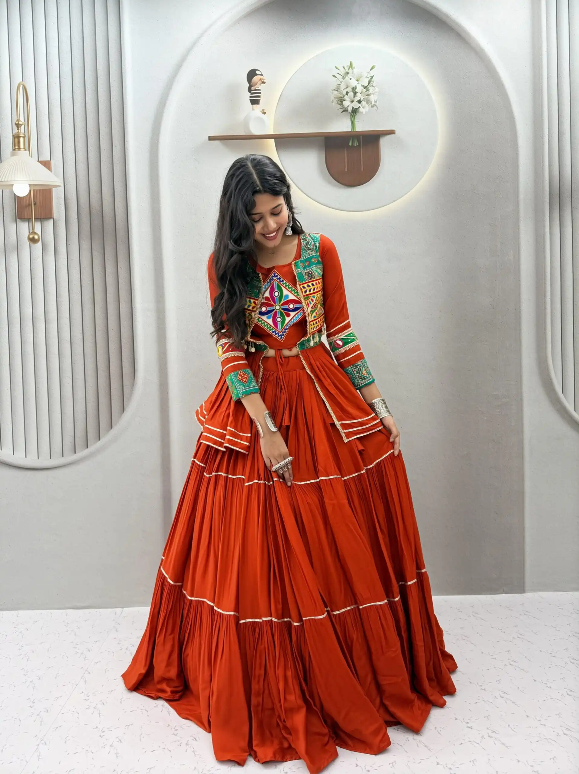 Ram 120 Orange in Pure Cotton Mirror Work & Gamthi Work Lehenga Choli . Exclusive Offer ₹3049. Delivery 4-6 Working Days. Shop now. | Lehenga, Bollywood Lehenga, Creative Lehenga, Designer Lehenga, Embroidered Lehenga, Party Wear Lehenga