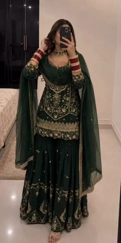KF 1736 Green Faux Georgette Salwar Suit with Mirror Work & Embroidery Work. Get it for ₹2449. Delivery 4-6 Working Days. Shop now. | Jump Suits, Salwar suit, Casual Suits, Creative suits, Designer Suits, Palazzo Suits, Party Wear Suits, Patiala Suits, Straight Suits
