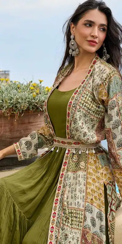 FC 20034 Mehendi Crepe Silk Shrug Suit Perfect for Wedding, Party, Festival Celebrations, Holi, Pooja – . Introductory Price ₹3049. Delivery 4-6 Working | Jump Suits, Salwar suit, Casual Suits, Creative suits, Designer Suits, Palazzo Suits, Party Wear Suits, Patiala Suits, Straight Suits