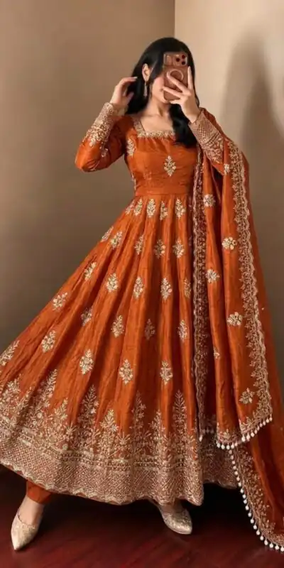 NSR 918 Orange Fendy Silk Gown with Embroidery Work & Sequins Work. Special Price ₹2399. Delivery 4-6 Working Days. Shop now. | Gowns, Bollywood Gowns, Creative Gowns, Designer Gowns, Embroidered Gowns, Party Wear Gowns