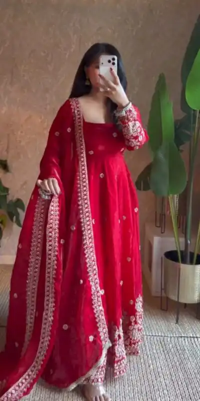 ZB 5080 Red Fendy Silk Gown with Embroidery Work & Sequins Work. Special Price ₹2399. Delivery 4-6 Working Days. Shop now. | Gowns, Bollywood Gowns, Creative Gowns, Designer Gowns, Embroidered Gowns, Party Wear Gowns