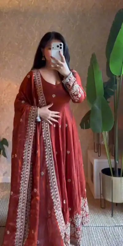 ZB 5080 Rust Fendy Silk Gown with Embroidery Work & Sequins Work. Special Price ₹2399. Delivery 4-6 Working Days. Shop now. | Gowns, Bollywood Gowns, Creative Gowns, Designer Gowns, Embroidered Gowns, Party Wear Gowns