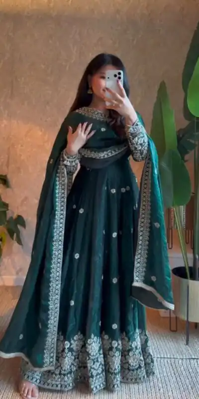 ZB 5080 Teal Fendy Silk Gown with Embroidery Work & Sequins Work. Special Price ₹2399. Delivery 4-6 Working Days. Shop now. | Gowns, Bollywood Gowns, Creative Gowns, Designer Gowns, Embroidered Gowns, Party Wear Gowns