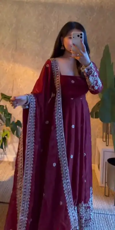 ZB 5080 Wine Fendy Silk Gown with Embroidery Work & Sequins Work. Special Price ₹2399. Delivery 4-6 Working Days. Shop now. | Gowns, Bollywood Gowns, Creative Gowns, Designer Gowns, Embroidered Gowns, Party Wear Gowns